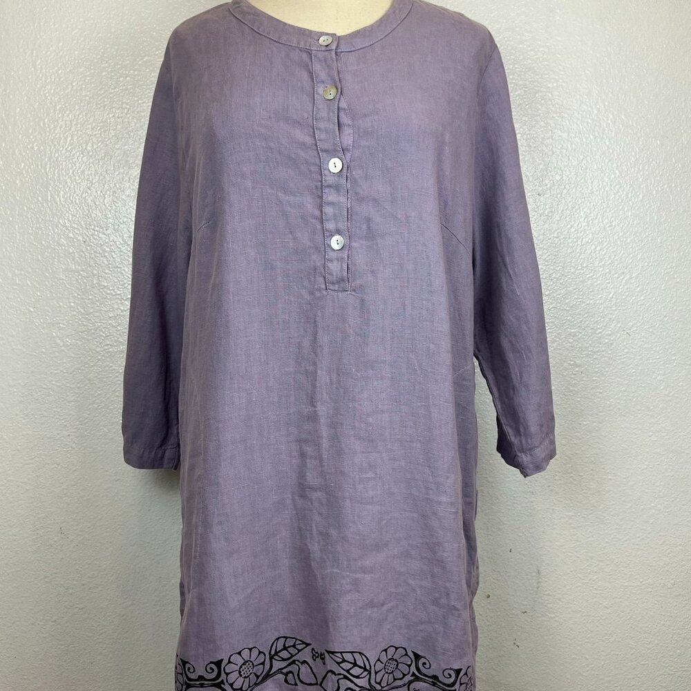 Mosaic Top Women's Linen 3/4 Sleeves Tunic Lavender  Sz XL Lagenlook  Boho